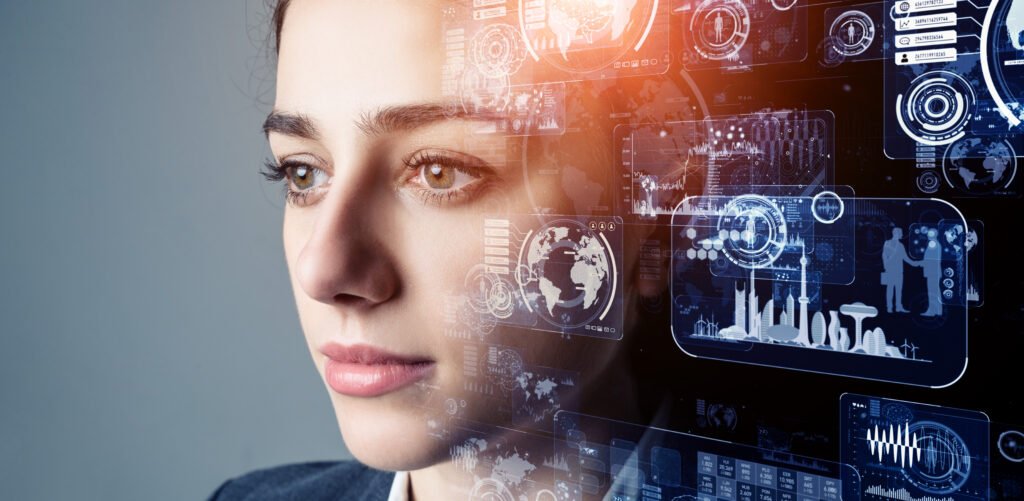 Eine junge Frau blickt nachdenklich zur Seite, überlagert von transparenten holographischen Grafiken und Datenvisualisierungen, die globale Netzwerke, Diagramme und digitale Schnittstellen darstellen.