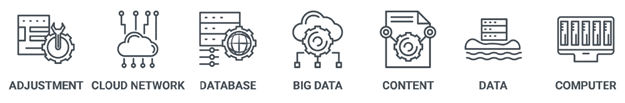 Eine Reihe von Icons, die verschiedene Aspekte von Datenverarbeitung darstellen