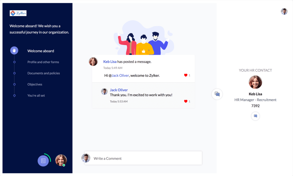 Screenshot eines Onboarding-Portals, das einen Begrüßungs-Chat von Kollegen und eine Aufgabenliste für neue Mitarbeiter anzeigt.