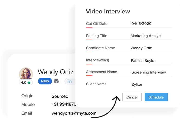 Screenshot, der die Planung eines Video-Interviews für die Kandidatin "Wendy Ortiz" mit der Interviewerin "Patricia Boyle" zeigt.