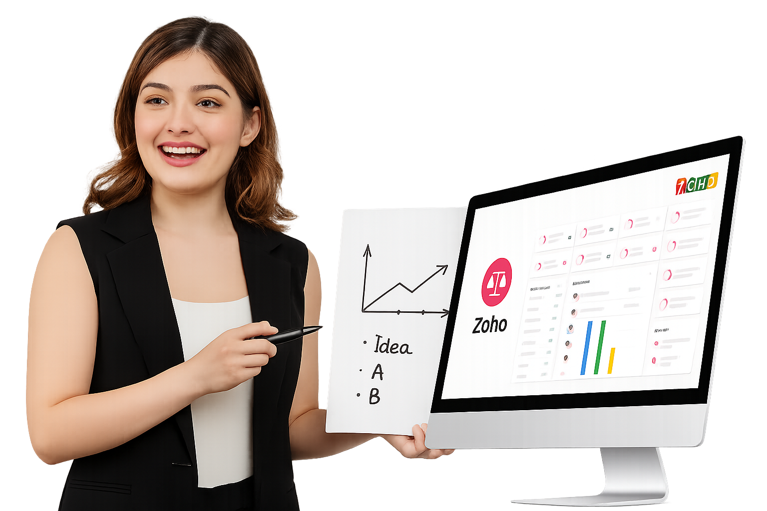 Person zeigt Whiteboard mit Diagramm neben Zoho-Dashboard