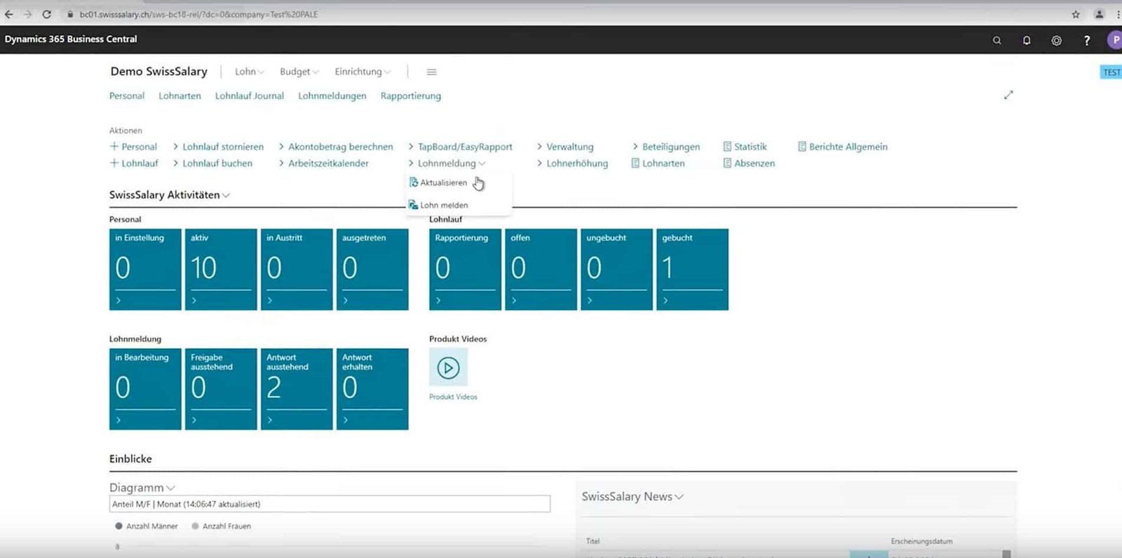 SwissSalary-Benutzer-Dashboard in Microsoft Dynamics 365 Business Central mit Anzeige von HR- und Gehaltsabrechnungsaktivitäten, Statuskacheln und Berichtsoptionen.