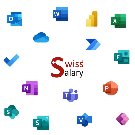 Das SwissSalary-Logo ist von Microsoft 365-Anwendungssymbolen umgeben, darunter Teams, Word, Excel, PowerPoint, OneNote, SharePoint und andere, was auf vollständige Integration und Kompatibilität hinweist.