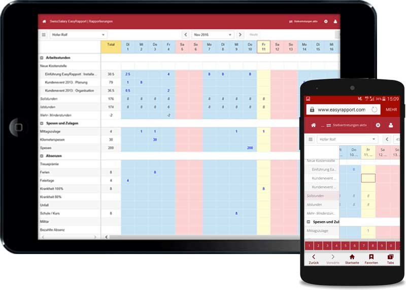 Ein Tablet und ein Smartphone mit der EasyRapport-Zeiterfassungsschnittstelle mit einem digitalen HR-Arbeitskalender zur Erfassung von Stunden, Abwesenheiten und Ausgaben.