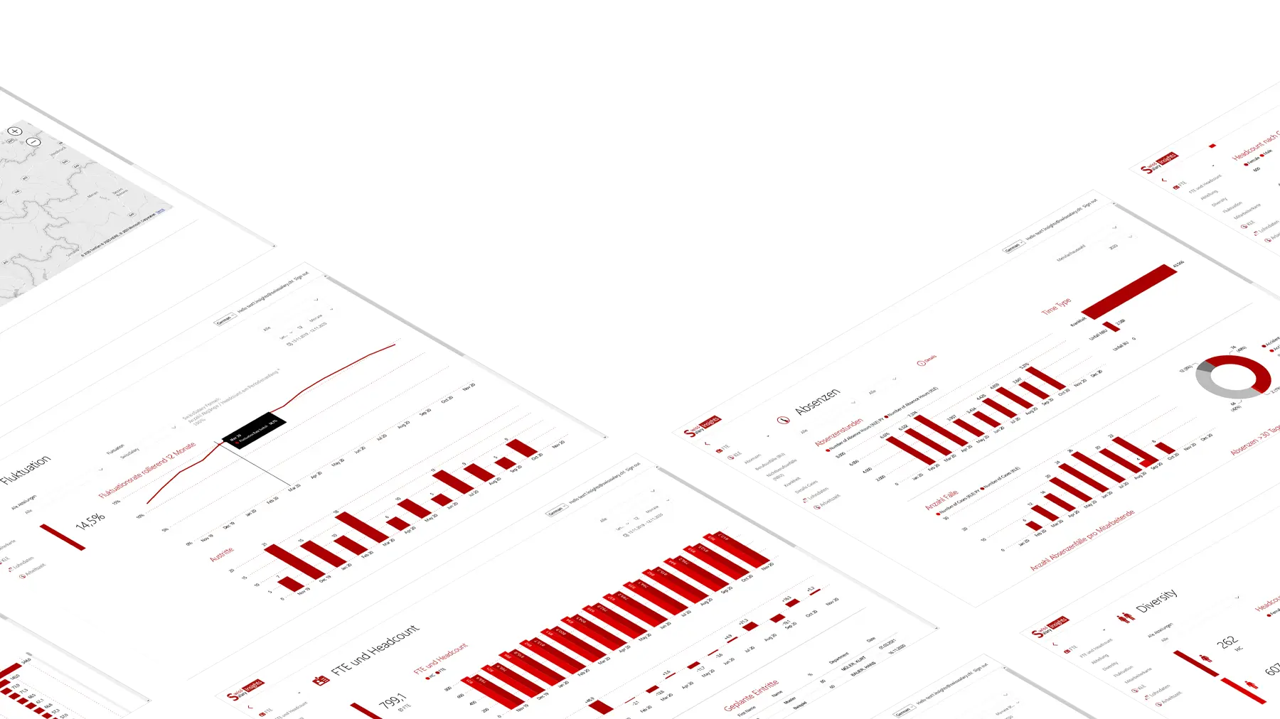 Screenshot des Dashboards des Digital HR Ecosystem mit interaktiven HR-Analysen, einschließlich Mitarbeiterfluktuation, Vielfalt, Personalbestand und Abwesenheitstrends.