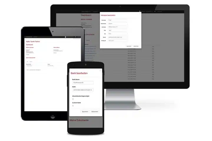 Reaktionsschnelle HR-Software-Schnittstelle mit Adress- und Bankdatenformularen auf Desktop-, Tablet- und Mobilgeräten