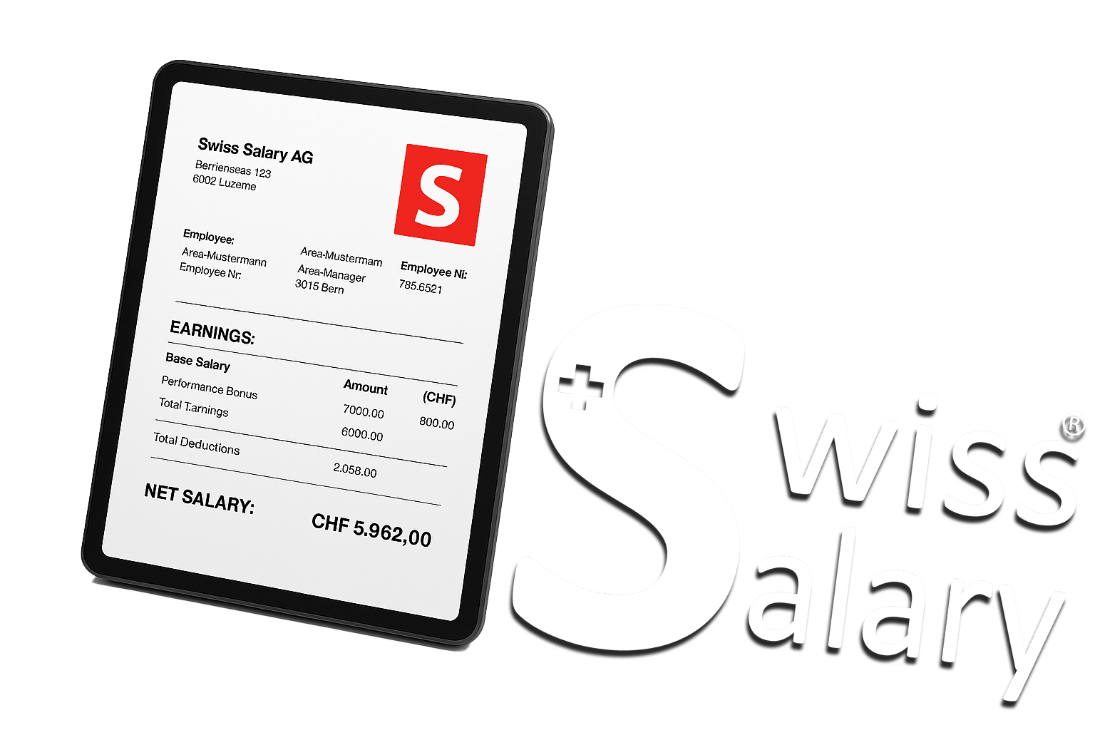 Gehaltsabrechnung der Swiss Salary AG mit detaillierten Verdiensten, Abzügen und Nettogehalt in CHF, unterstützt durch digitalHR ECOSYSTEM.